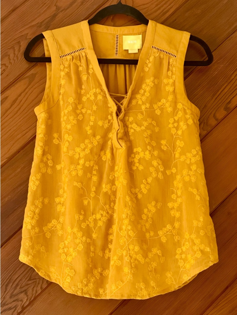 Maeve Anthropologie Sleeveless Embroidered Blouse 0P Petite Mustard Floral Tie